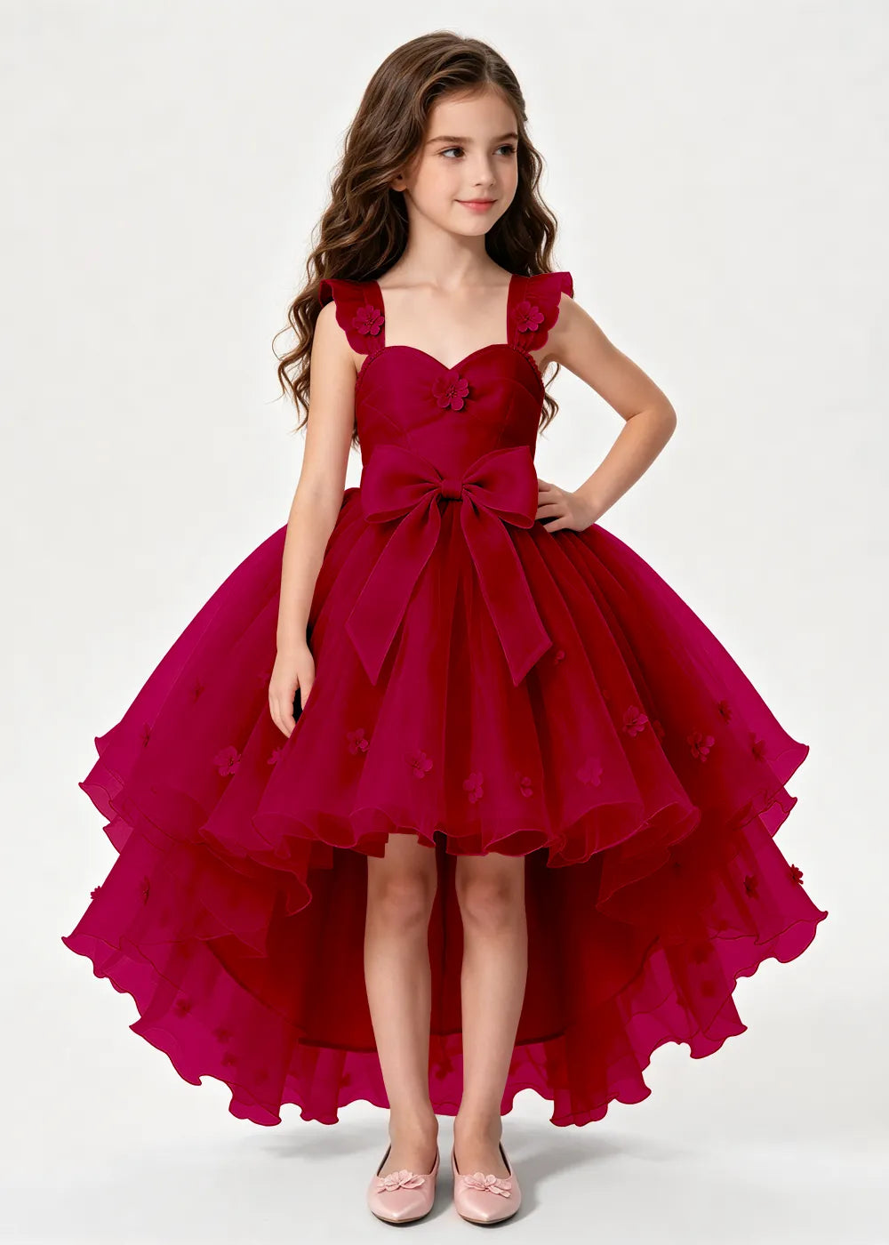 Navy High-Low Flower Girl Gown with Large Front Bow