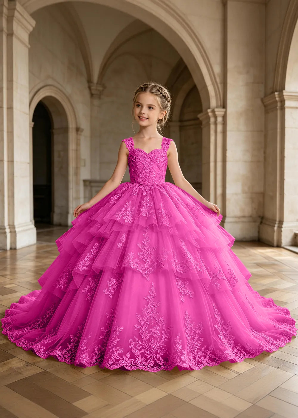 Tiered Lace Sleeveless Flower Girl Ball Gown Dress