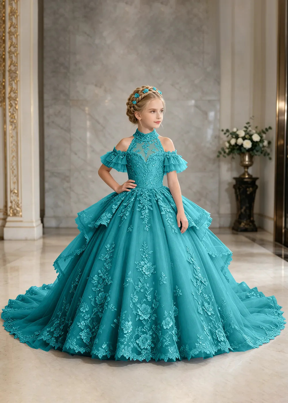 Illusion Neck Peplum Lace Flower Girl Ball Gown Dress