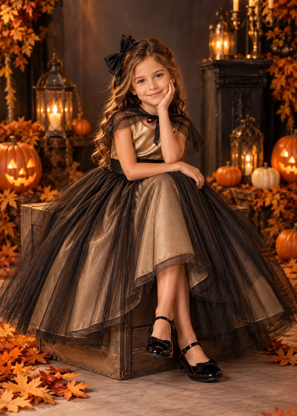 Detail view of the champagne and black flower girl dress.
