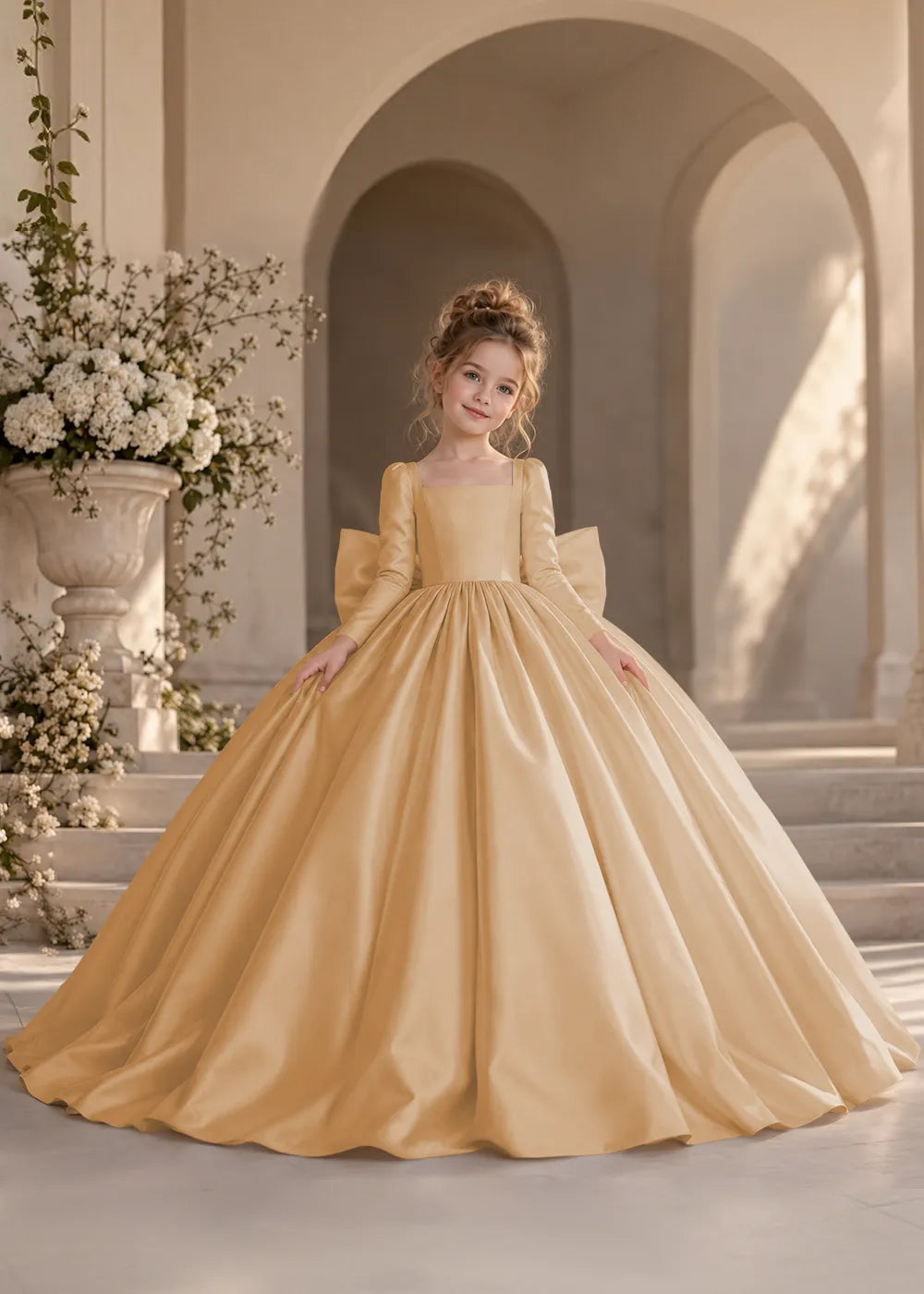 Ivory Long-Sleeve Flower Girl Dress with a Square Neckline and Bow