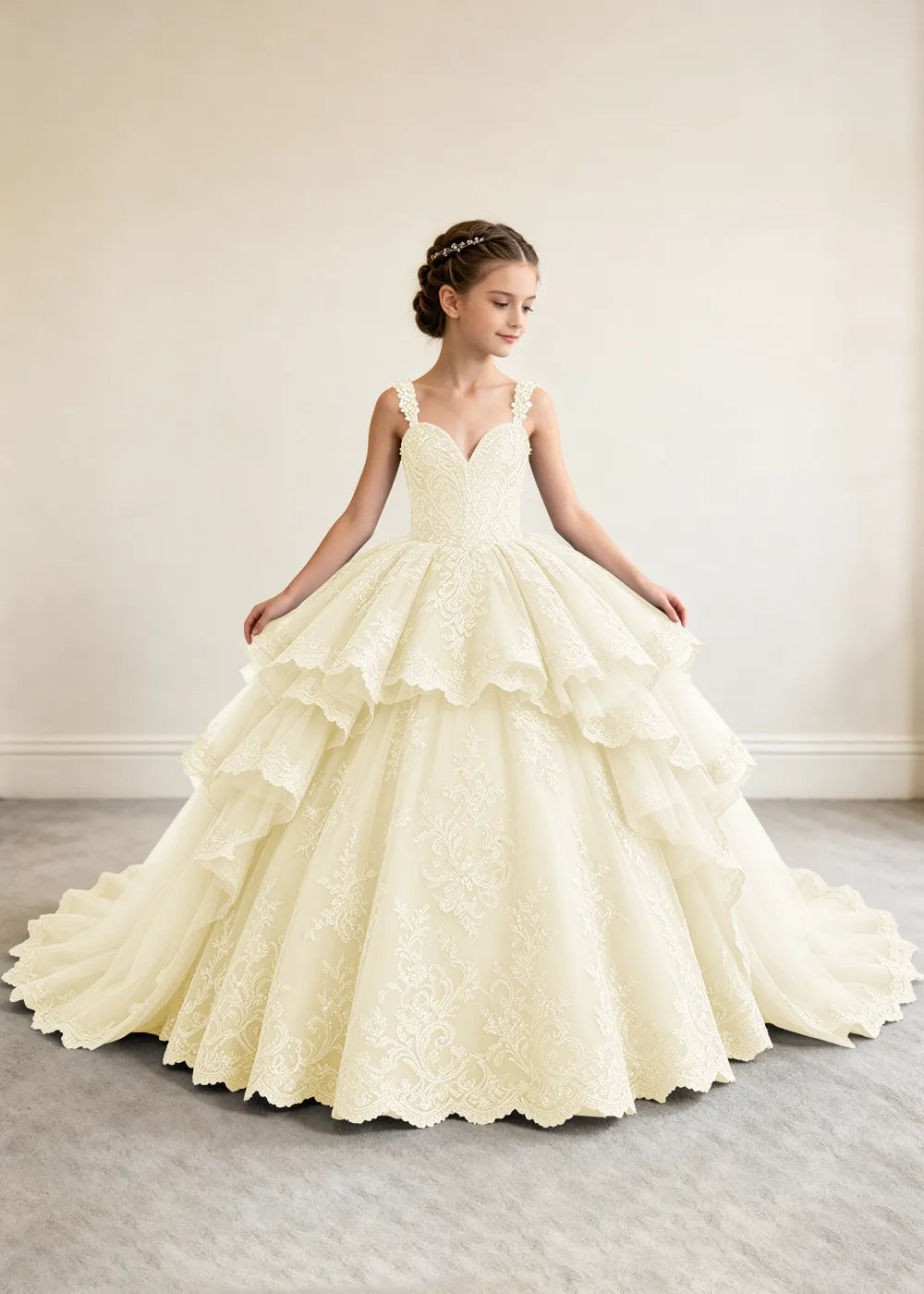 V-Neck Tiered Lace Princess Dress for Girls