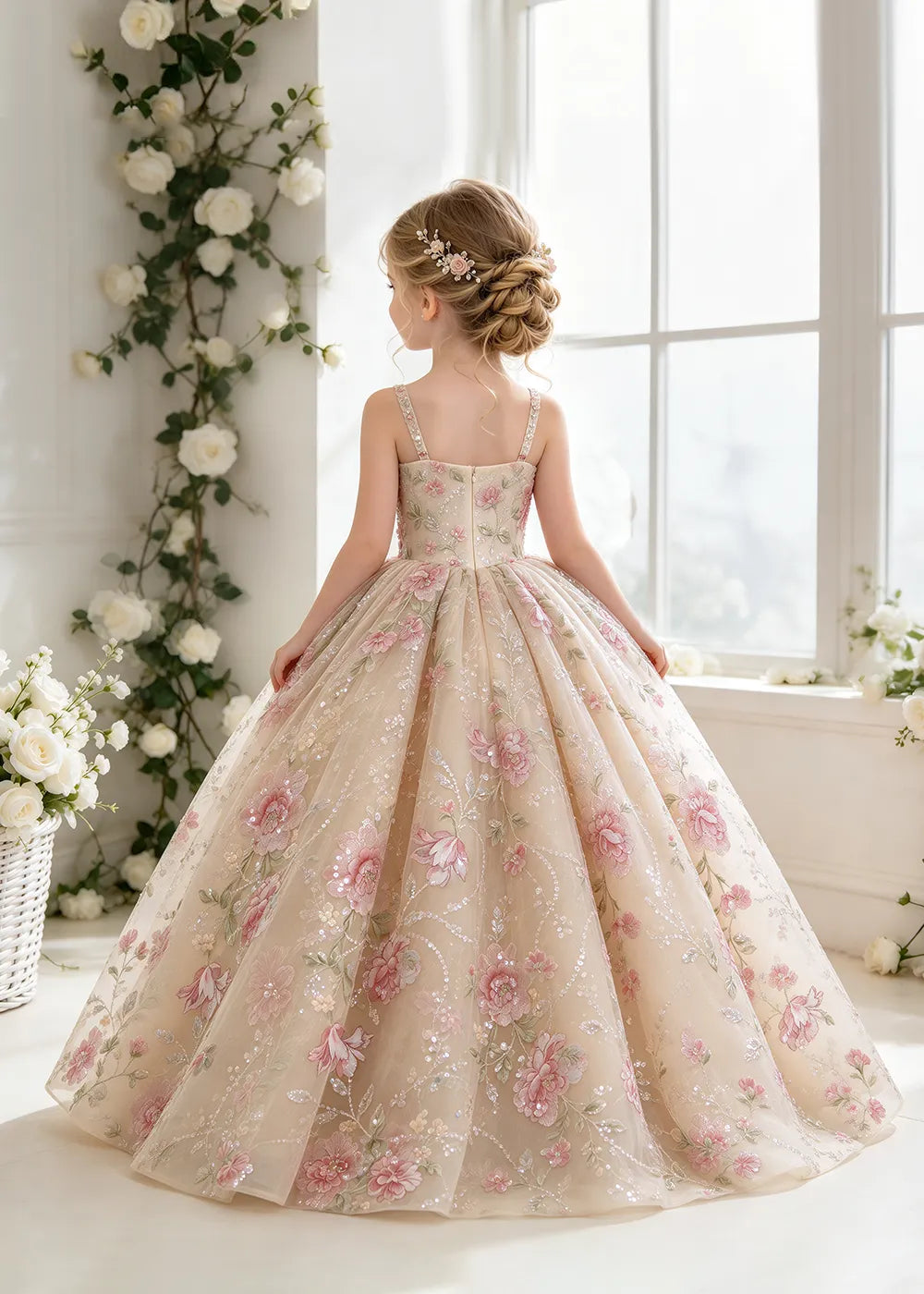 Champagne Floral Sequin Flower Girl Dress with Slim Straps
