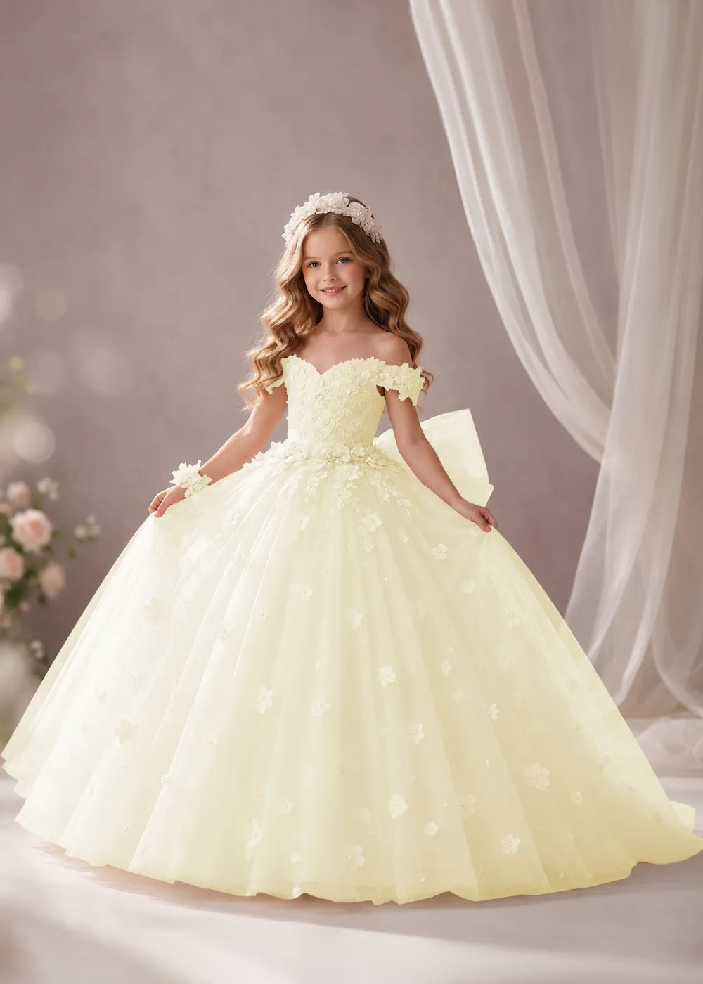 Ivory Flower Girl Dress with Off-Shoulder Florals and a Bow