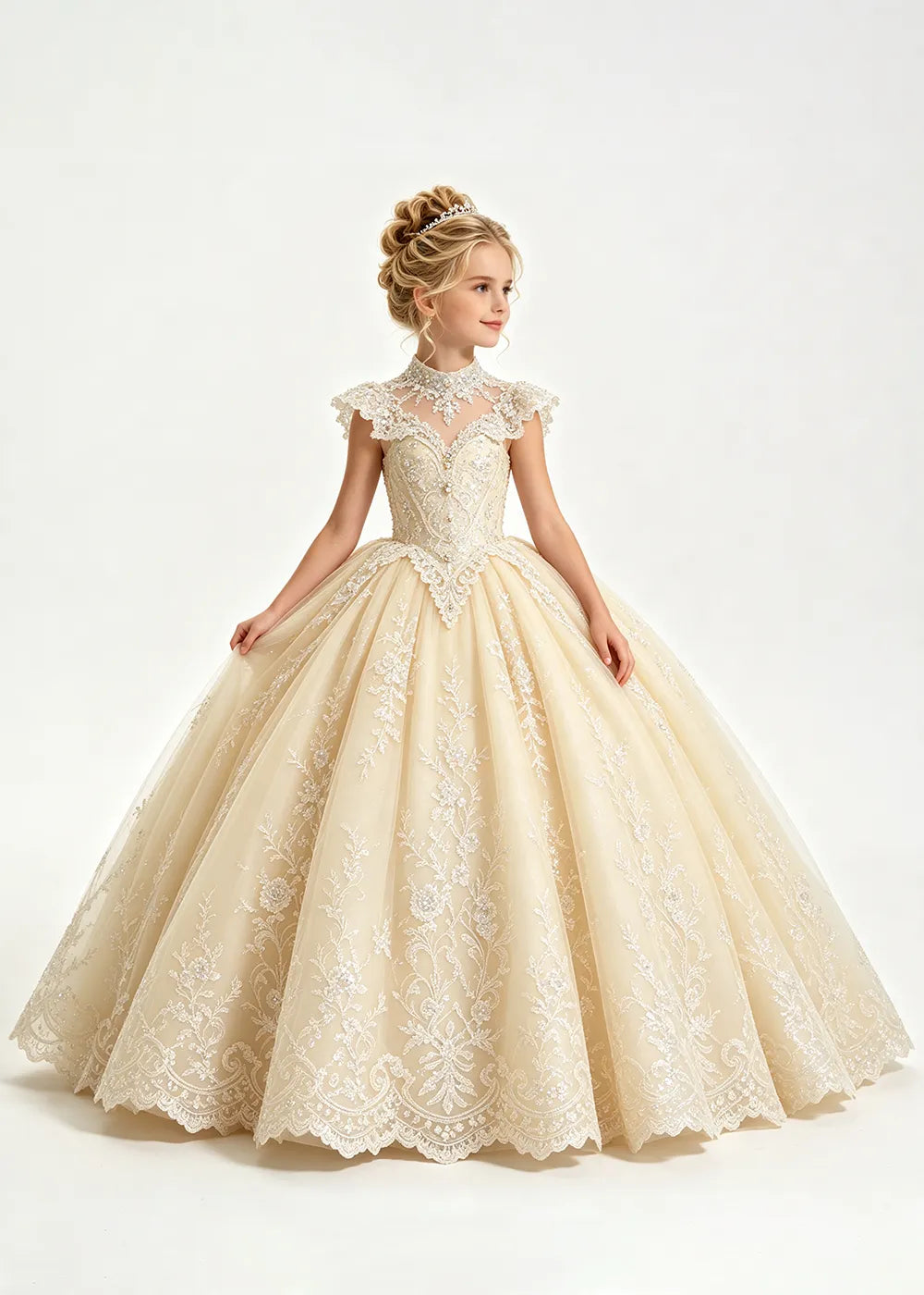 Pale Silver-Gray Blue Flower Girl Ball Gown with High Floral Collar