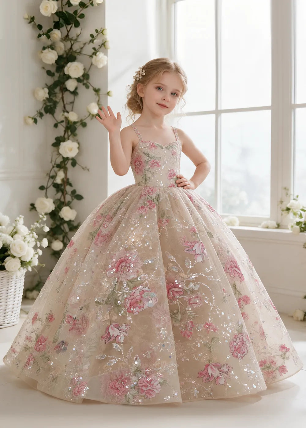 Champagne Floral Sequin Flower Girl Dress with Slim Straps