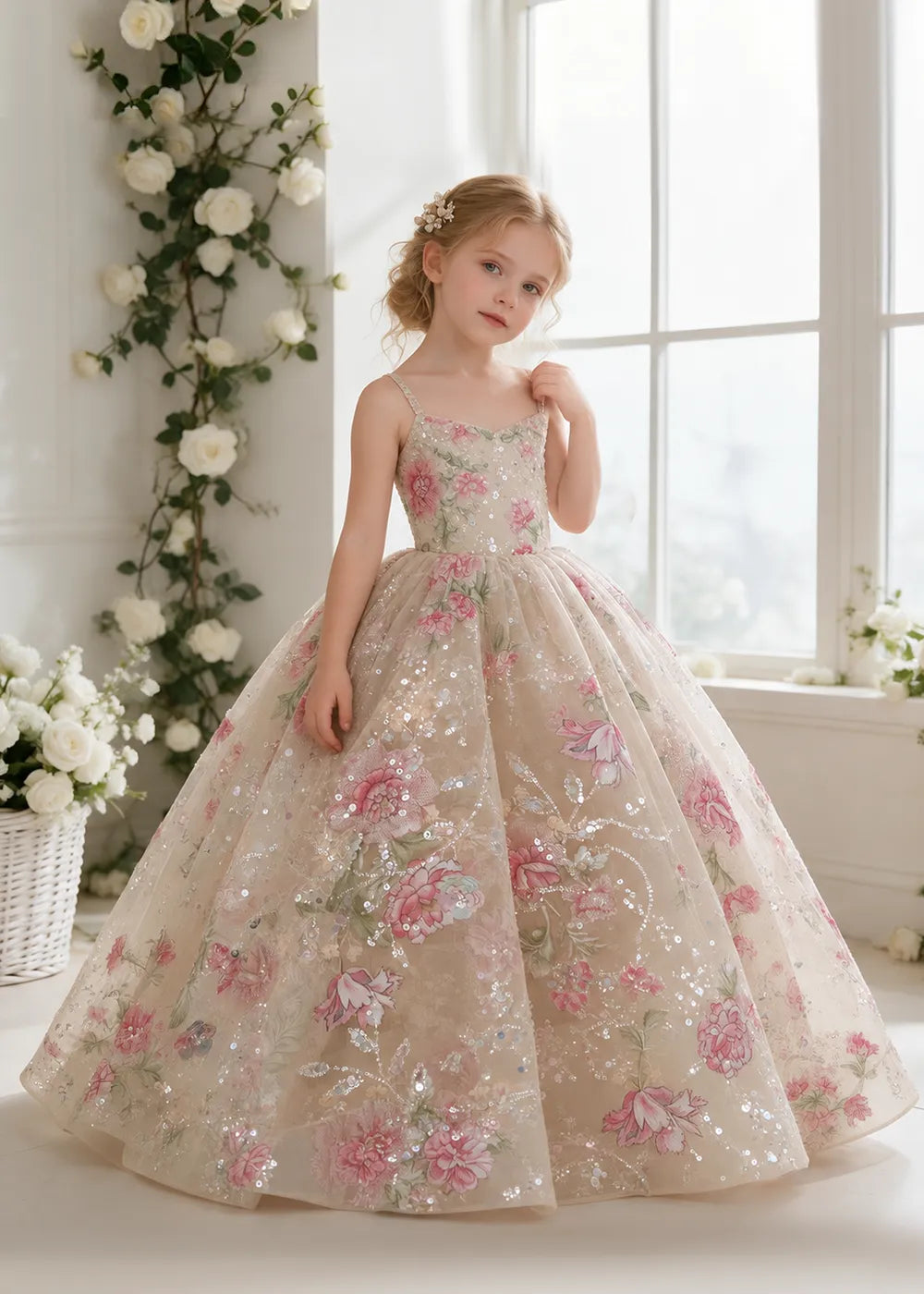 Champagne Floral Sequin Flower Girl Dress with Slim Straps