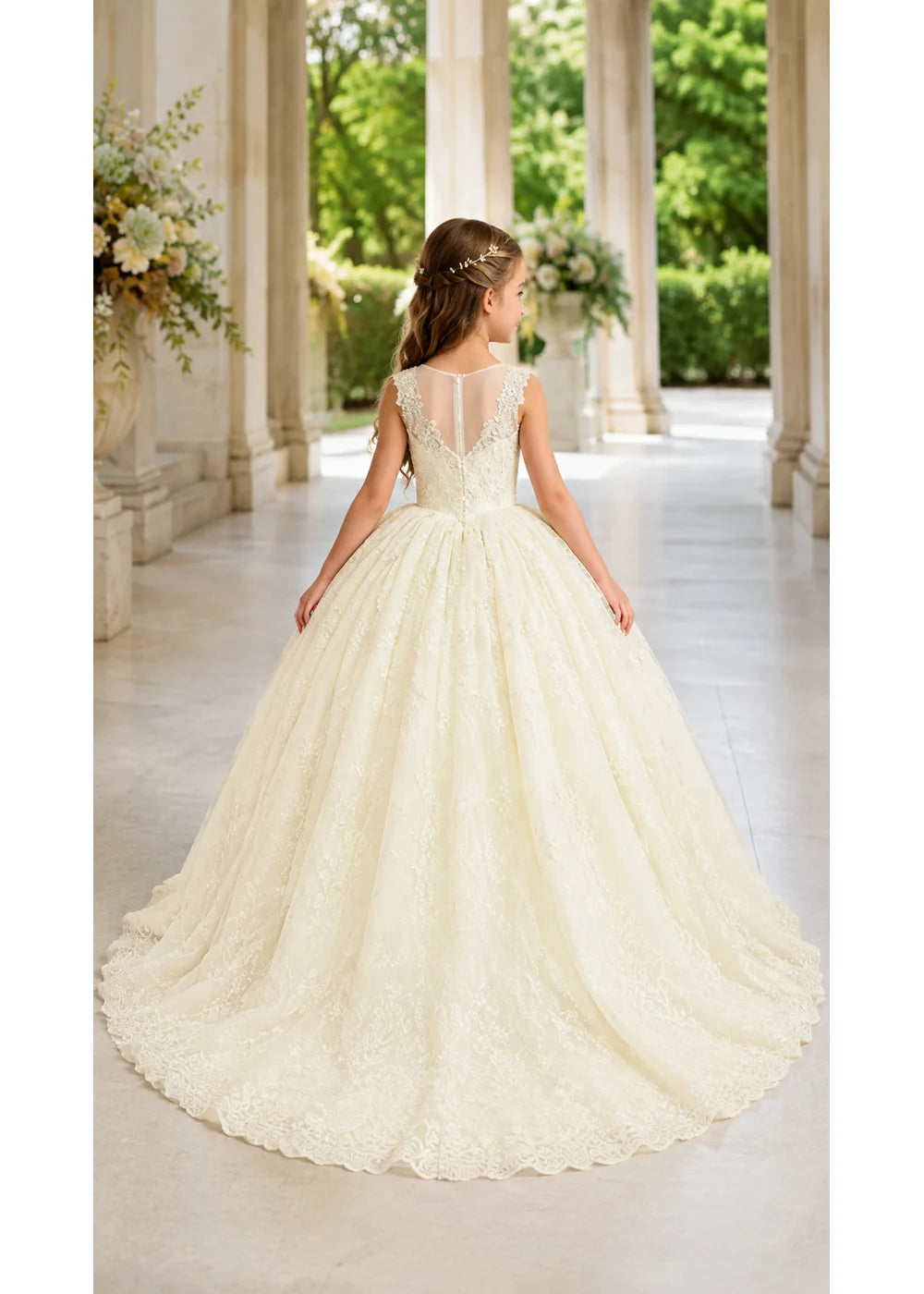 Champagne Flower Girl Gown with Floral Lace and Train