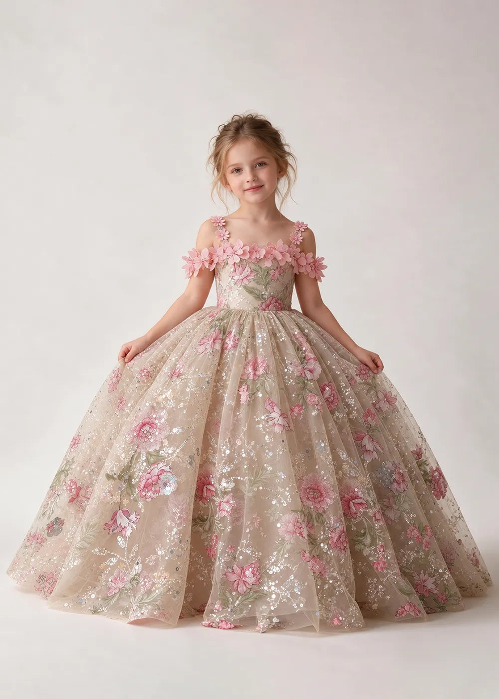 Champagne Floral Flower Girl Gown with Pink Blossom Straps