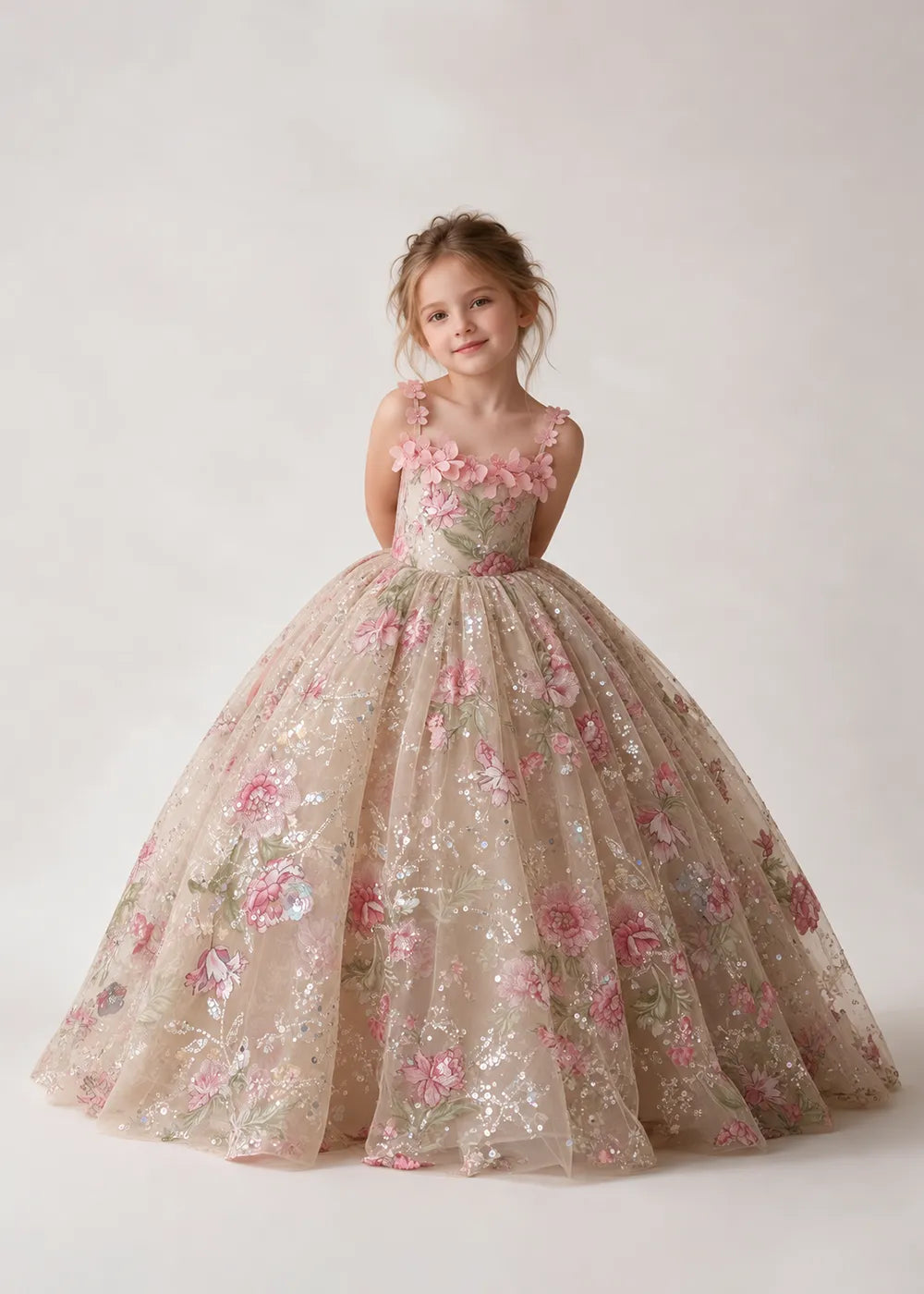 Champagne Floral Flower Girl Gown with Pink Blossom Straps