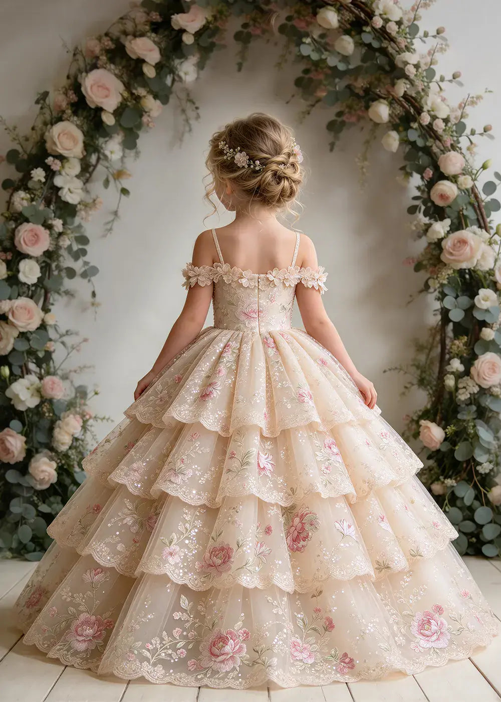 Champagne Floral Flower Girl Dress with Four Scalloped Tiers