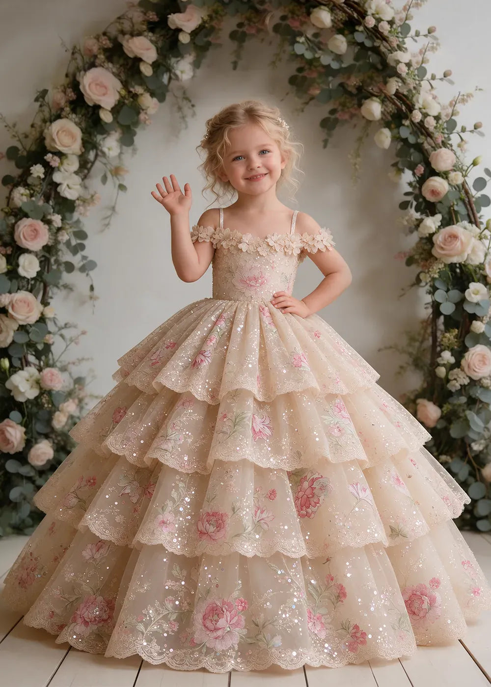 Champagne Floral Flower Girl Dress with Four Scalloped Tiers