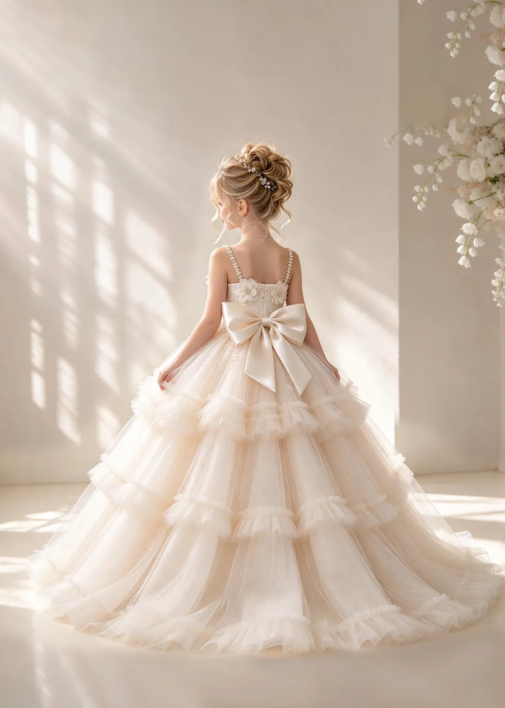 Champagne Flower Girl Dress with 3D Floral Bodice and Tiered Tulle Skirt