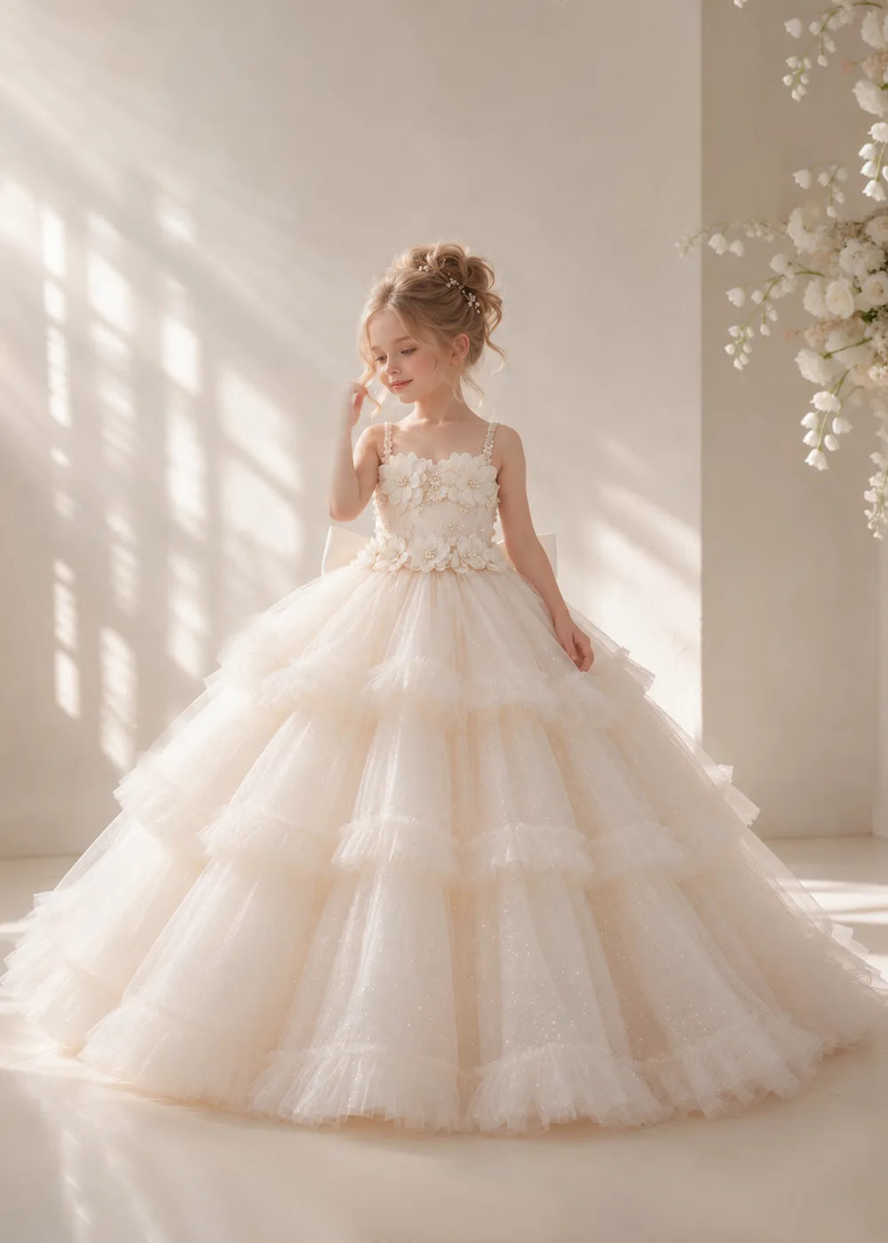 The three-quarter view of a child wearing a Champagne flower girl dress with beaded spaghetti straps, a bodice covered in three-dimensional fabric flowers and a multi-tiered tulle skirt.
