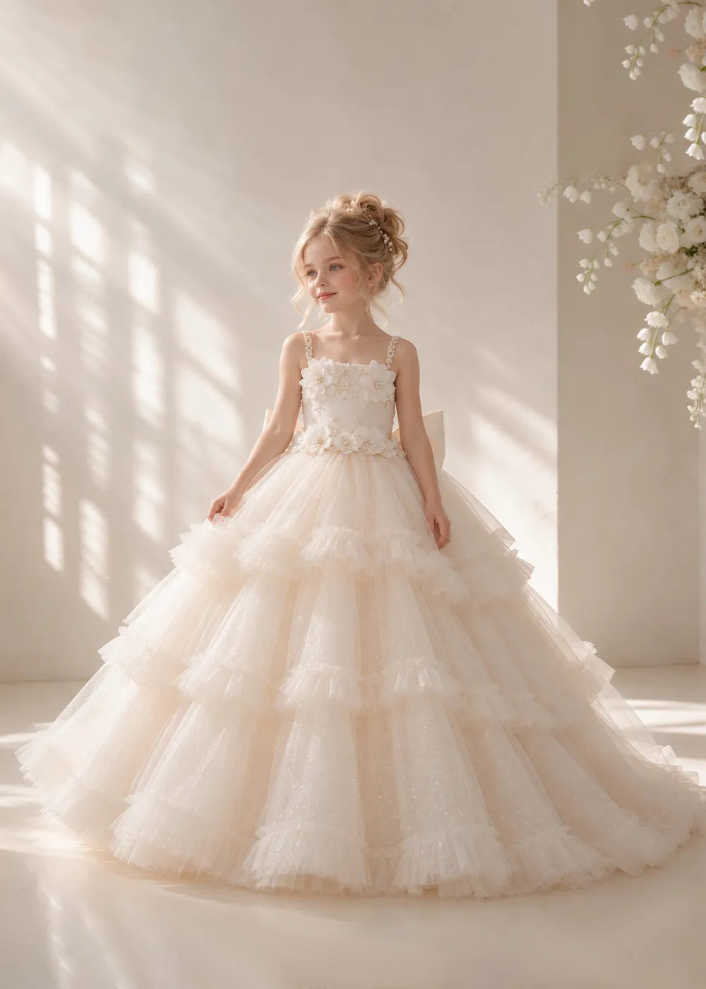 The front view of a child wearing a Champagne flower girl dress with beaded spaghetti straps, a bodice covered in three-dimensional fabric flowers and a multi-tiered tulle skirt.
