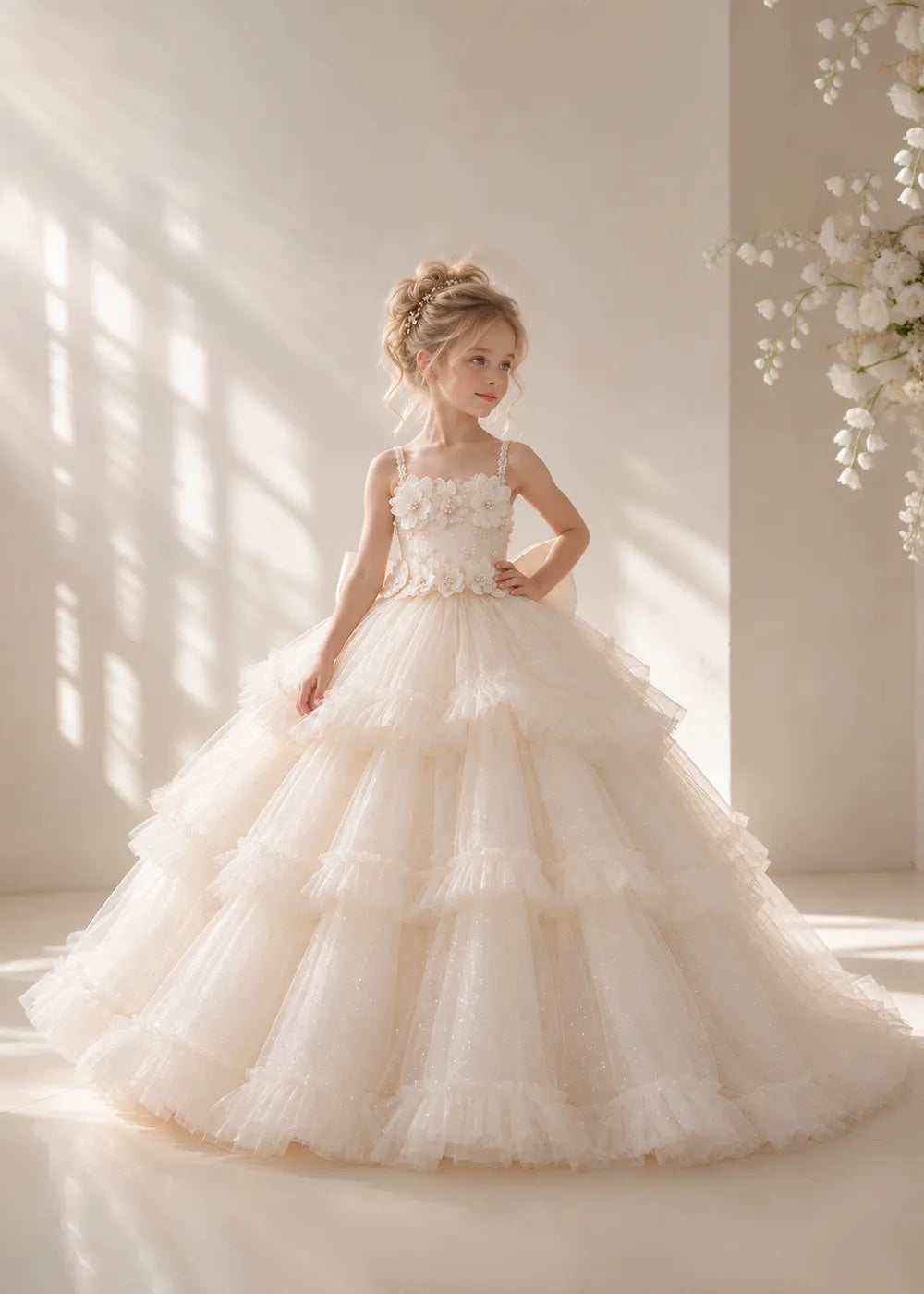The front view of a child wearing a Champagne flower girl dress with beaded spaghetti straps, a bodice covered in three-dimensional fabric flowers and a multi-tiered tulle skirt.