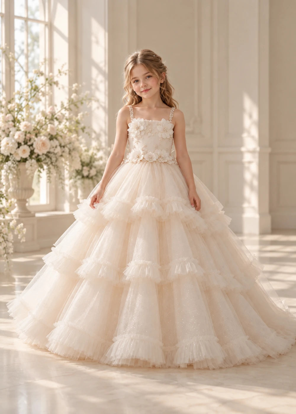 Front view of a child wearing a champagne flower girl dress with beaded spaghetti straps, a bodice covered in three-dimensional fabric flowers and a multi-tiered tulle skirt.