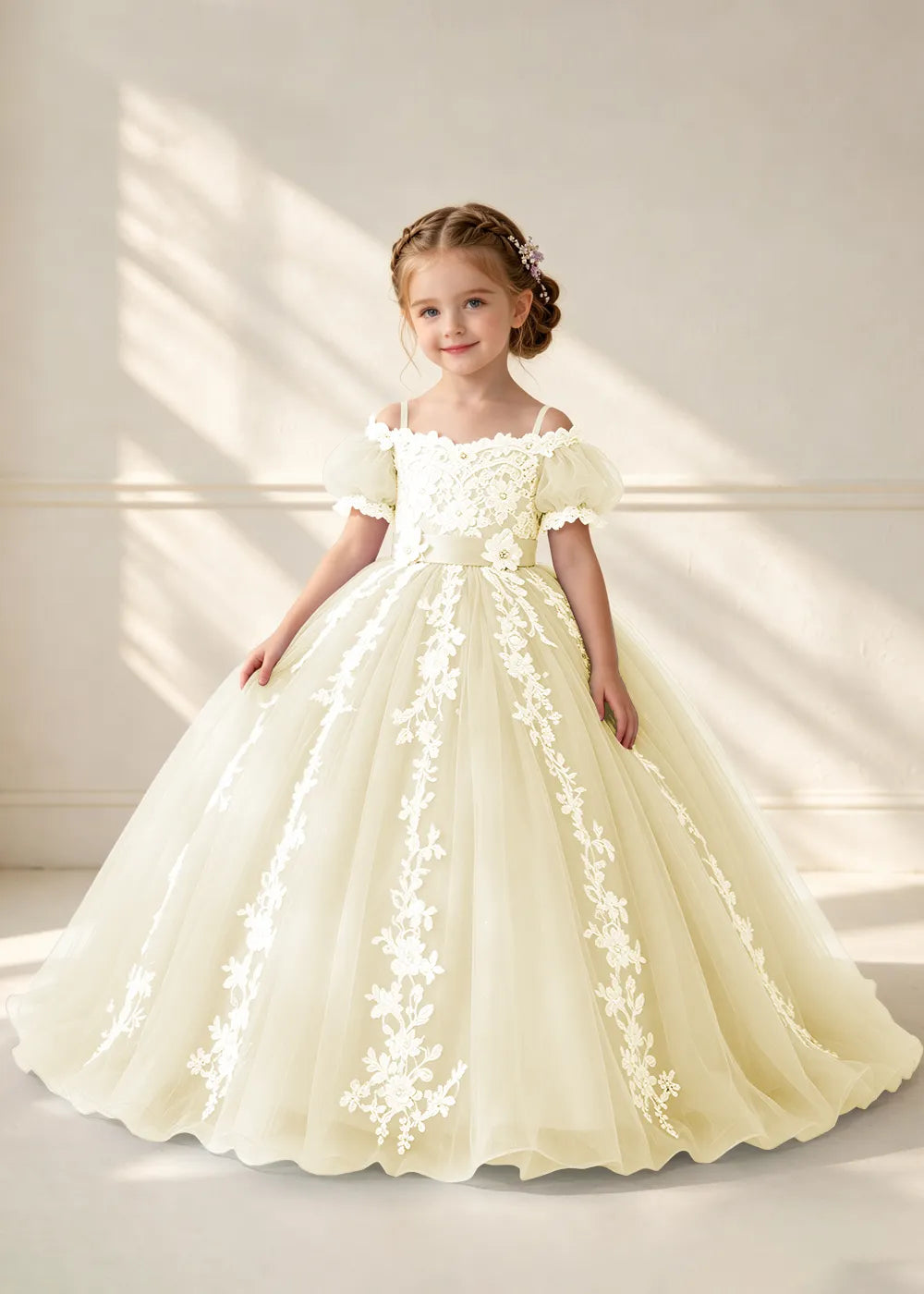Puff Sleeve Floral Lace Princess Dress for Girls