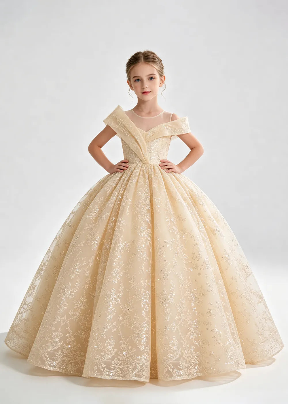 Champagne Illusion-Band Floral Flower Girl Dress