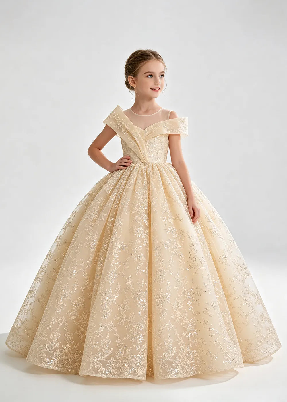 Champagne Illusion-Band Floral Flower Girl Dress