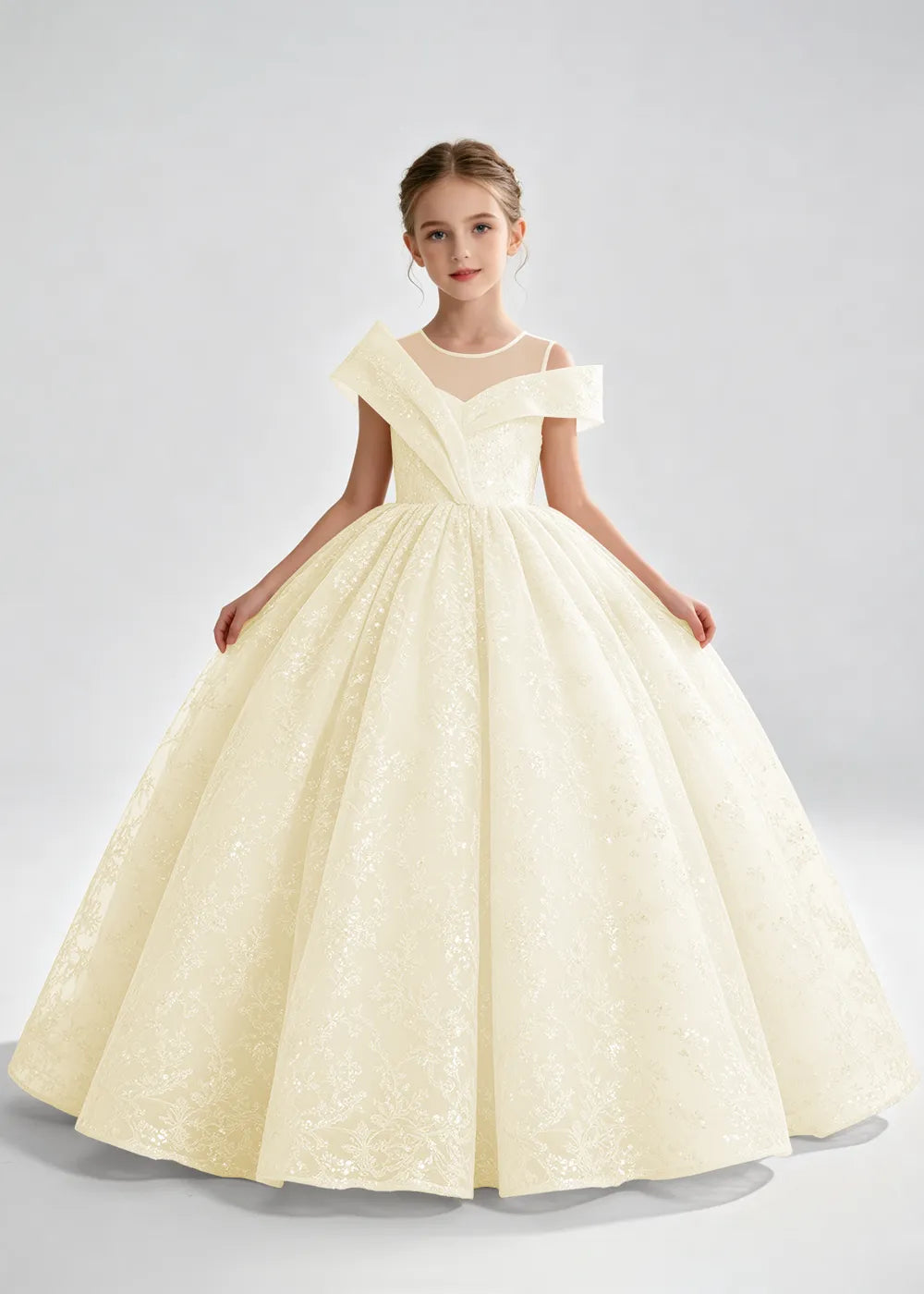 Champagne Illusion-Band Floral Flower Girl Dress