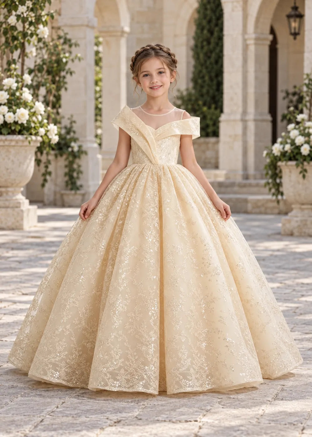 Champagne Illusion-Band Floral Flower Girl Dress