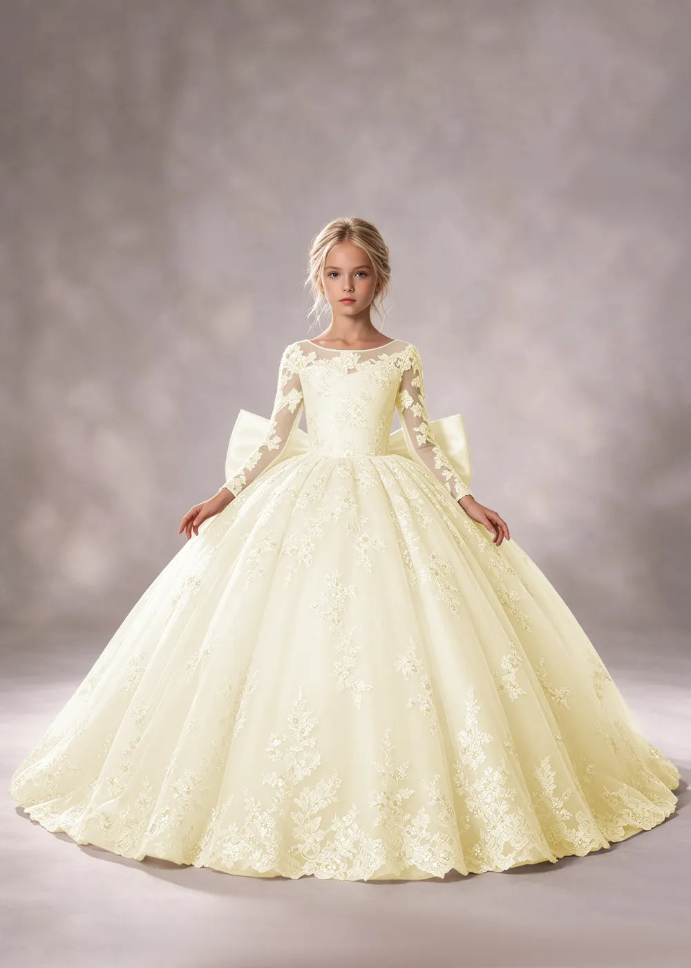 Flower girl dress in Champagne, front view.