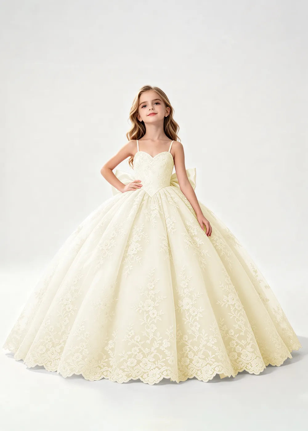 Flower girl dress in Champagne, front view.