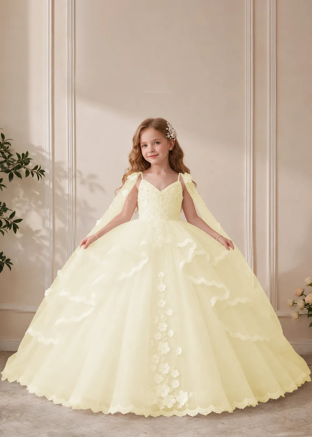 White Flower Girl Dress with Lace Ruffles and Sheer Shoulder Drapes