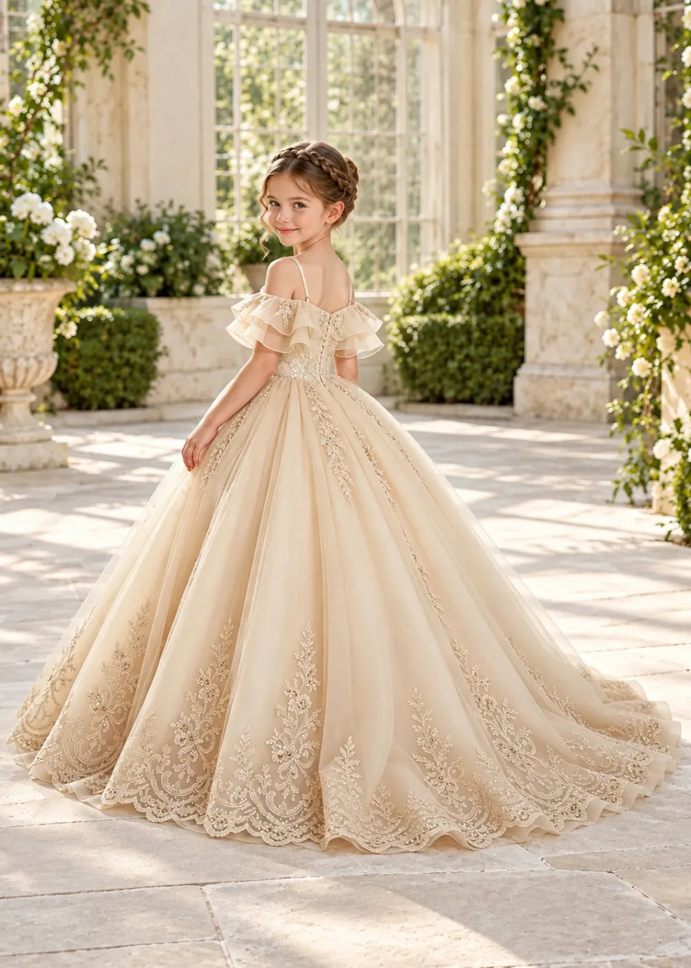 Champagne Off-Shoulder Lace-Hem Flower Girl Dress