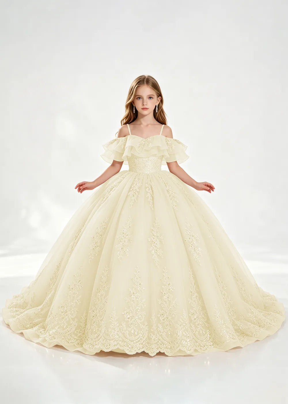 Champagne Off-Shoulder Lace-Hem Flower Girl Dress