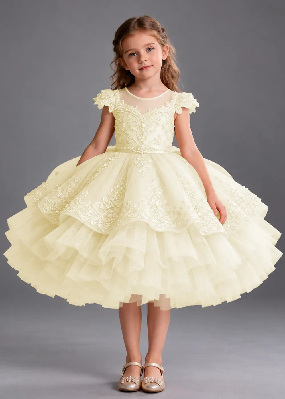 Gold Knee-Length Flower Girl Dress with Scalloped Lace Overlay