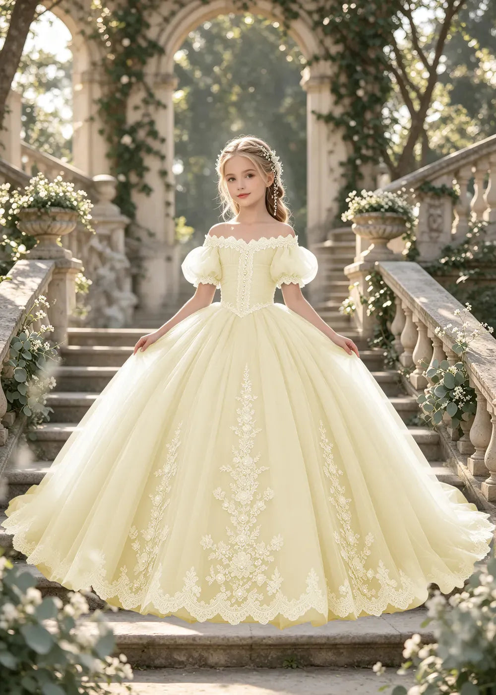 Flower girl dress in Champagne, front view.