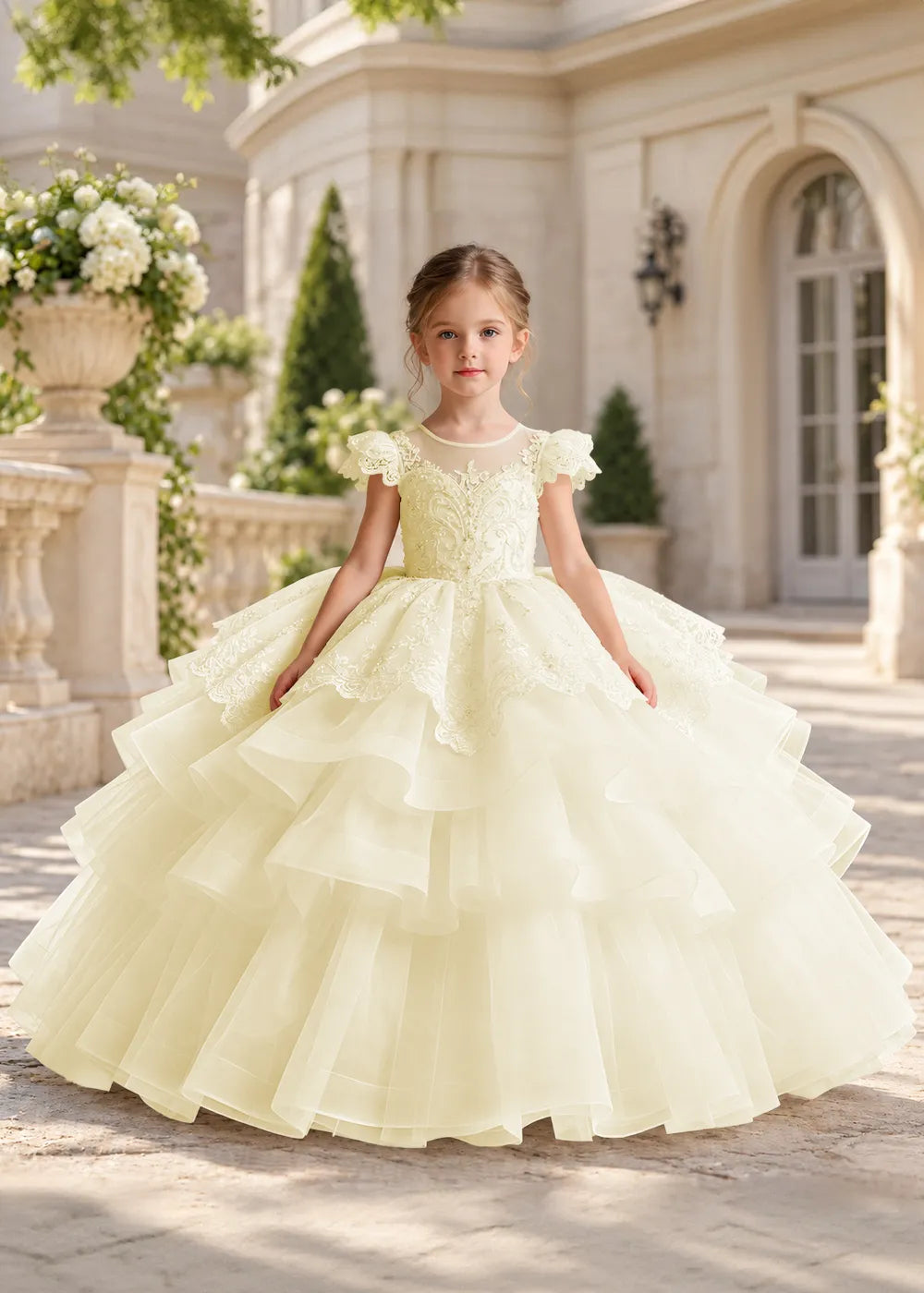 White Flower Girl Ball Gown with Scalloped Lace and Tiered Ruffles