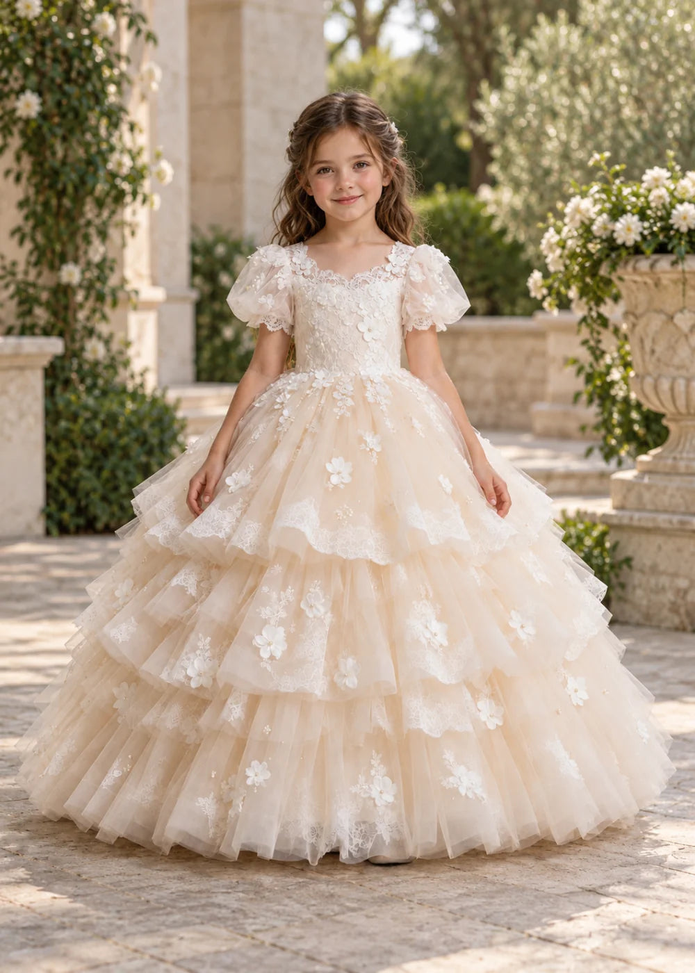 Flower girl dress in Champagne, front view.