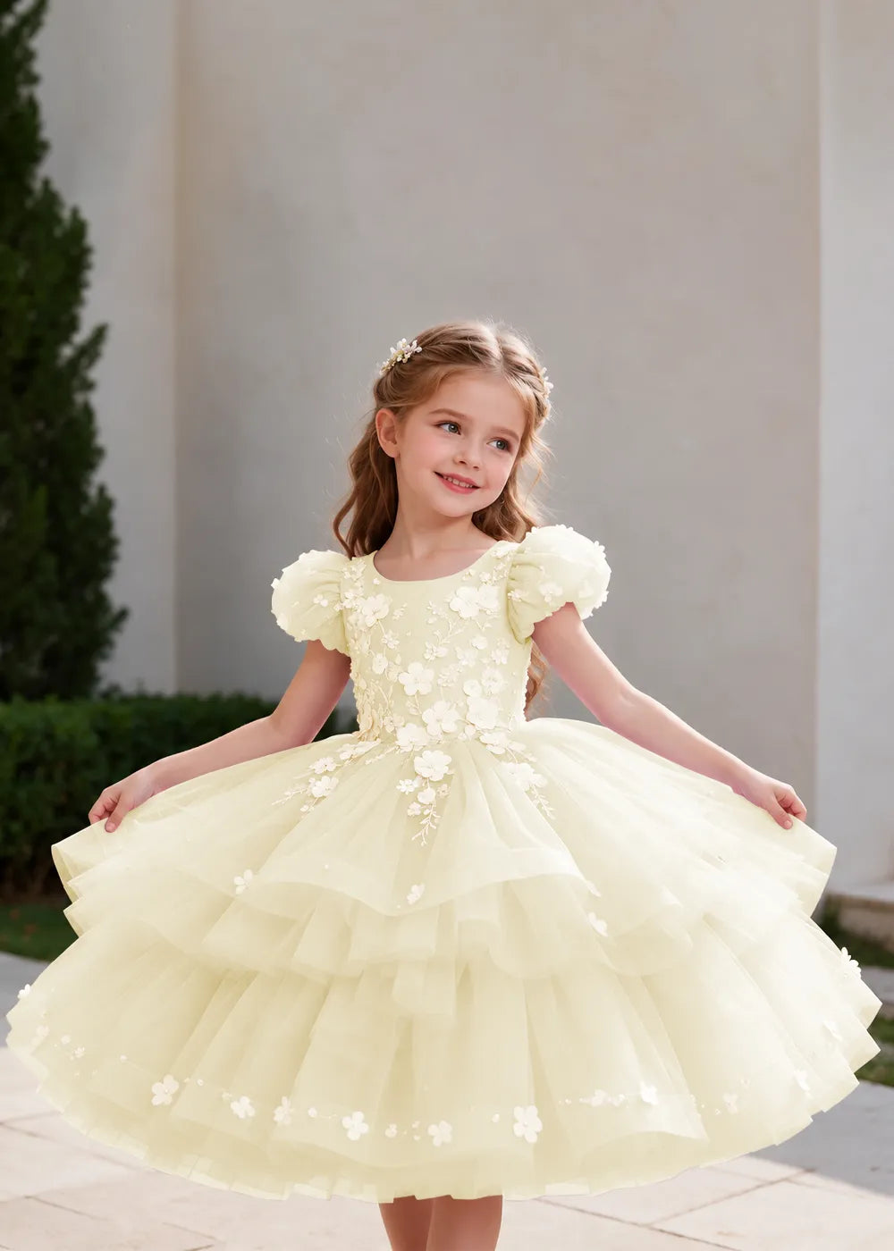Lilac Puff-Sleeve Flower Girl Dress with Three-Tier Skirt