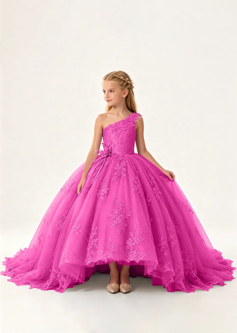 One-Shoulder High-Low Lace Flower Girl Ball Gown Dress