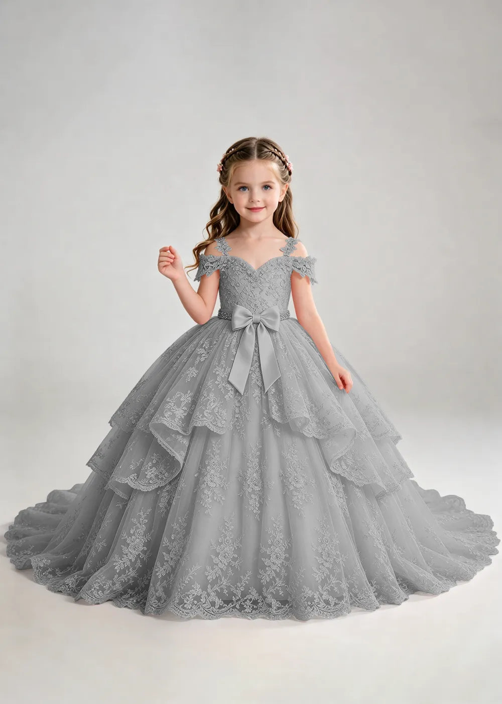 Bow Waist Floral Lace Princess Dress for Girls