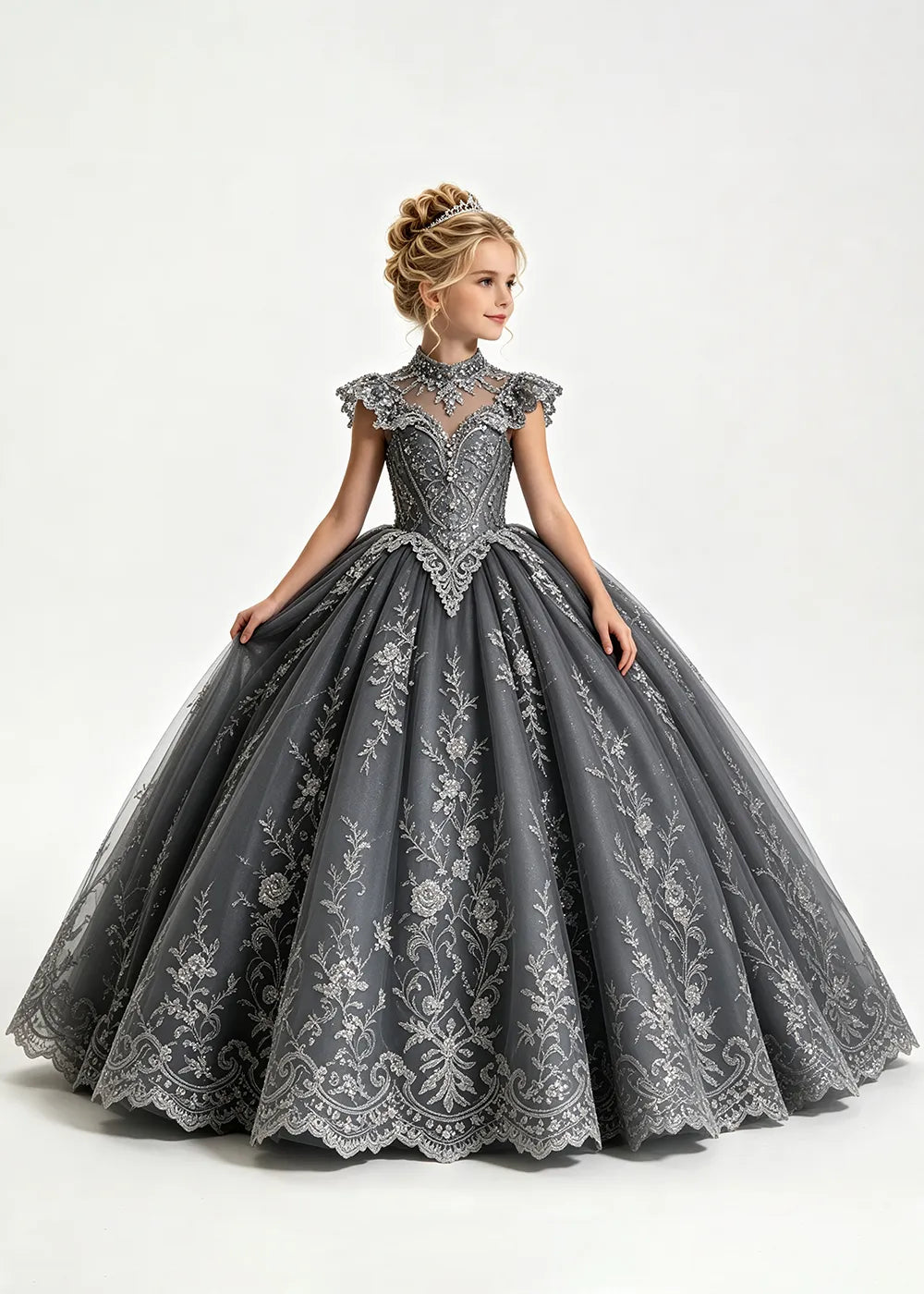 Navy Flower Girl Ball Gown with High Floral Collar