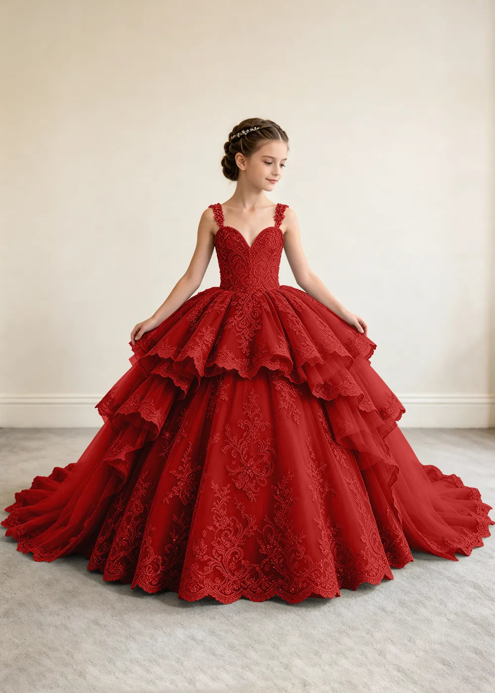 V-Neck Tiered Lace Princess Dress for Girls