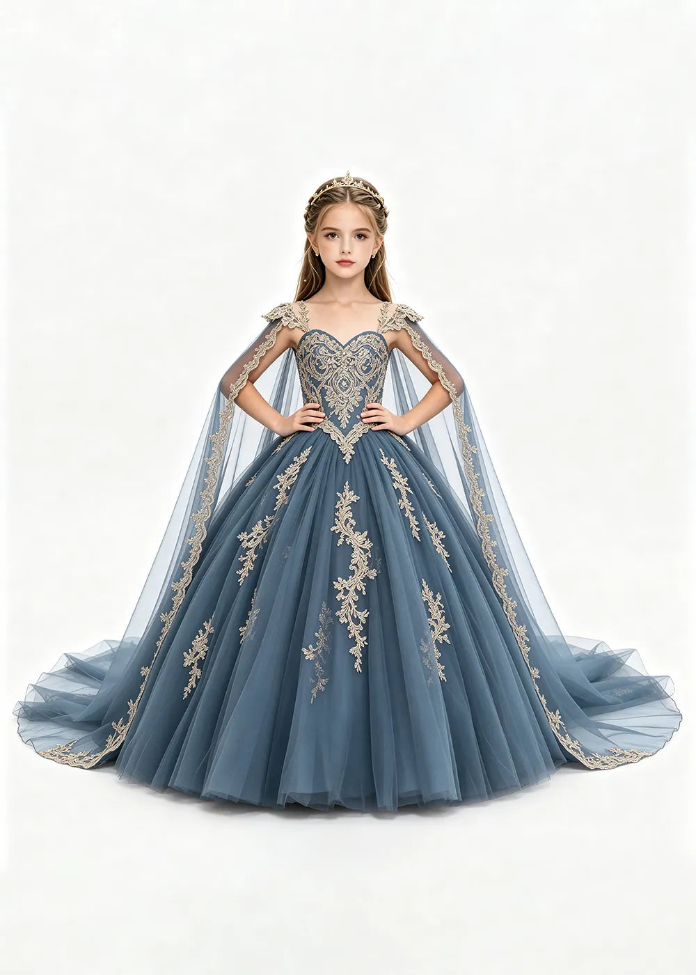 Gold Appliqué Cape Princess Dress for Girls