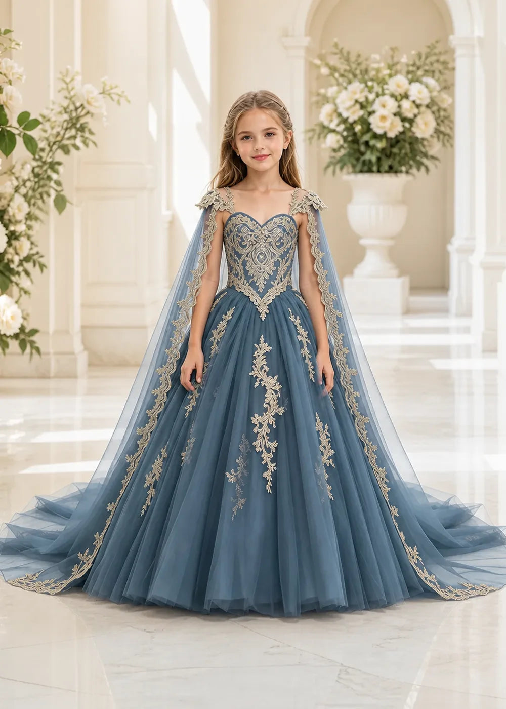 Gold Appliqué Cape Princess Dress for Girls
