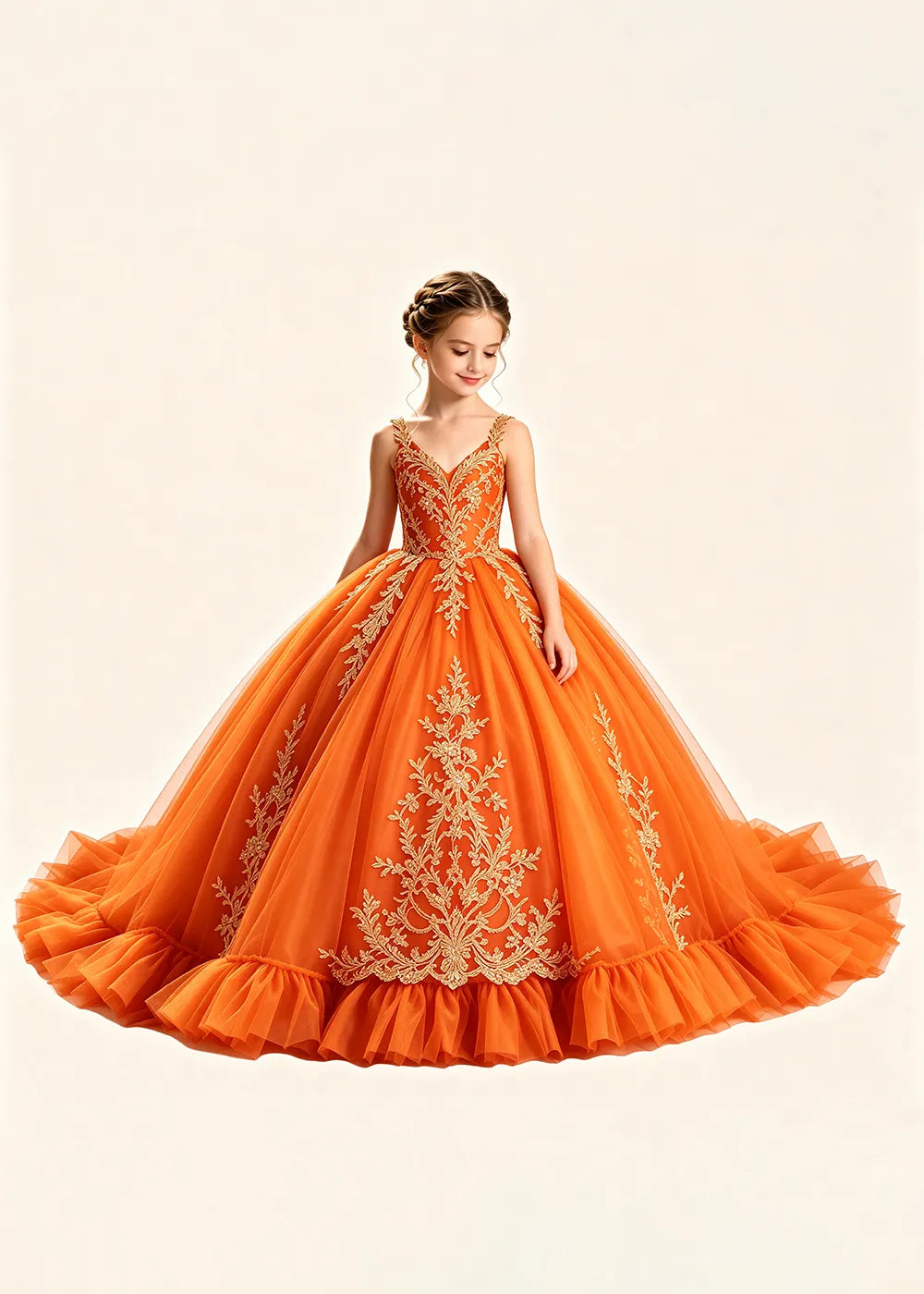 Gold Appliqué V-Neck Princess Dress for Girls