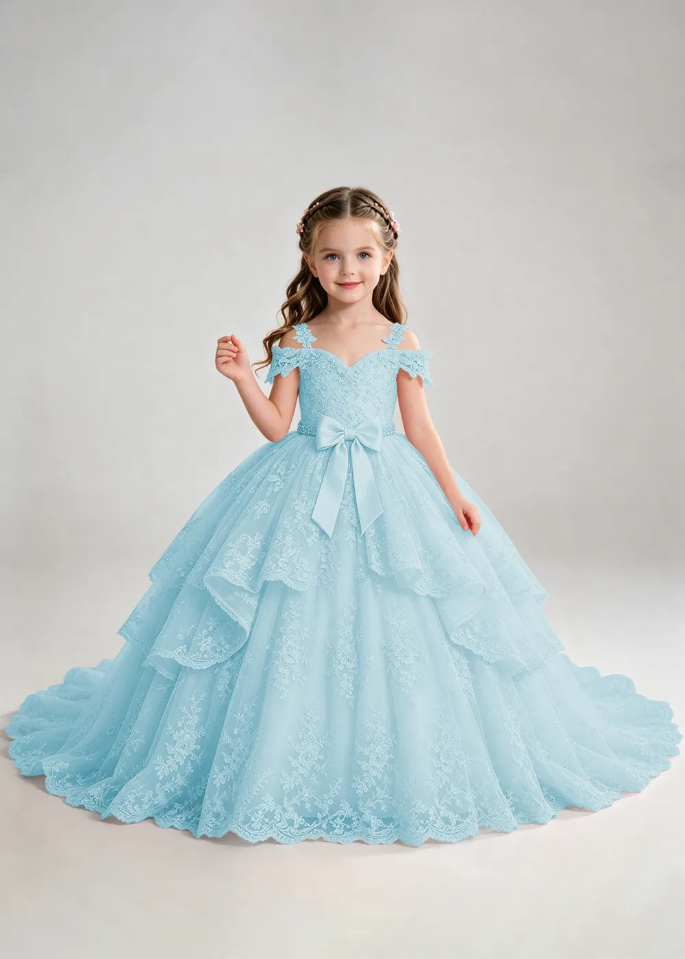 Bow Waist Floral Lace Princess Dress for Girls
