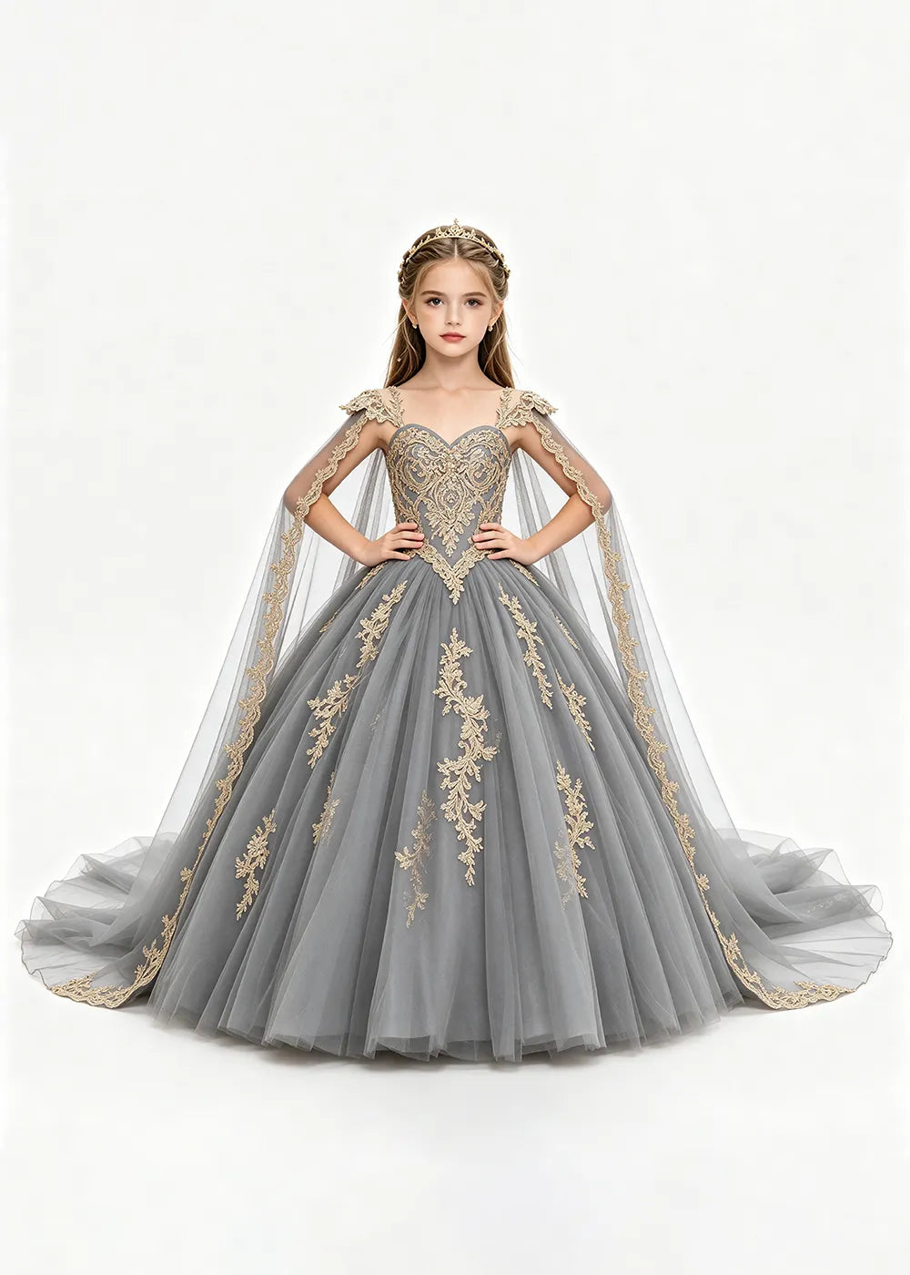 Gold Appliqué Cape Princess Dress for Girls