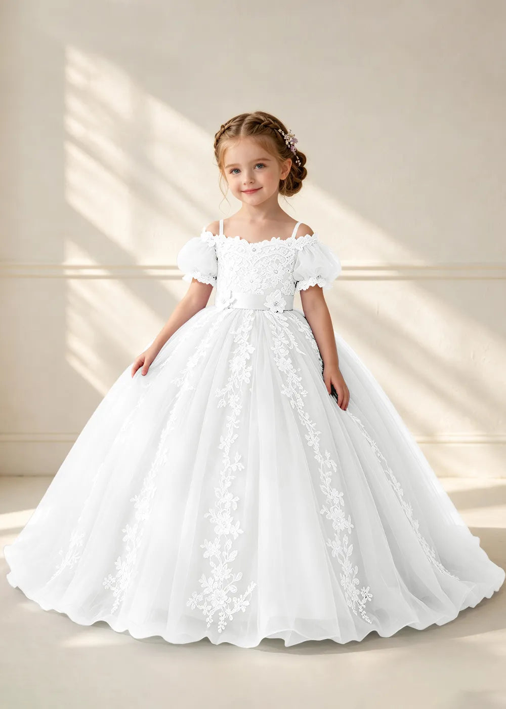 Puff Sleeve Floral Lace Princess Dress for Girls