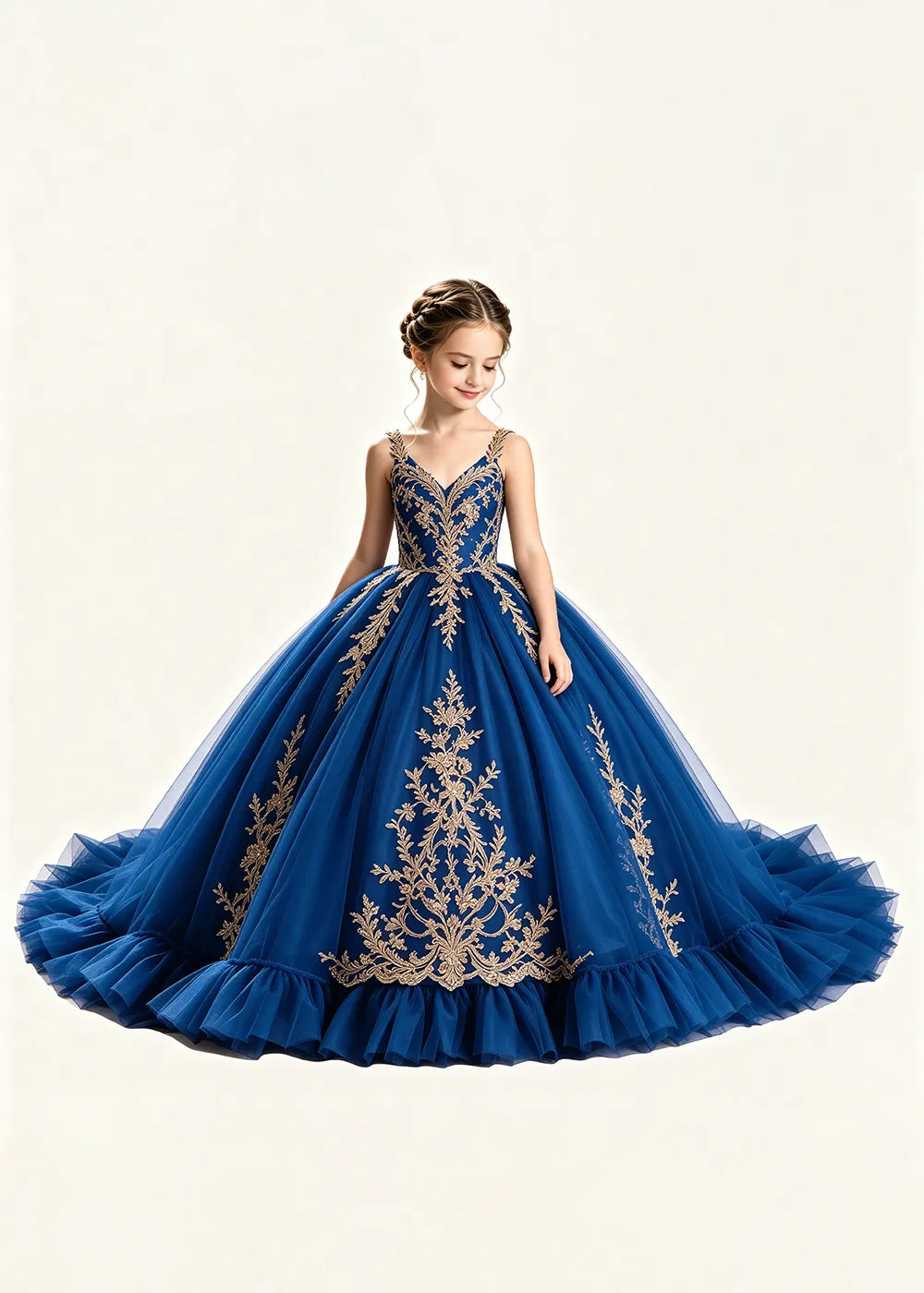 Gold Appliqué V-Neck Flower Girl Ball Gown Dress