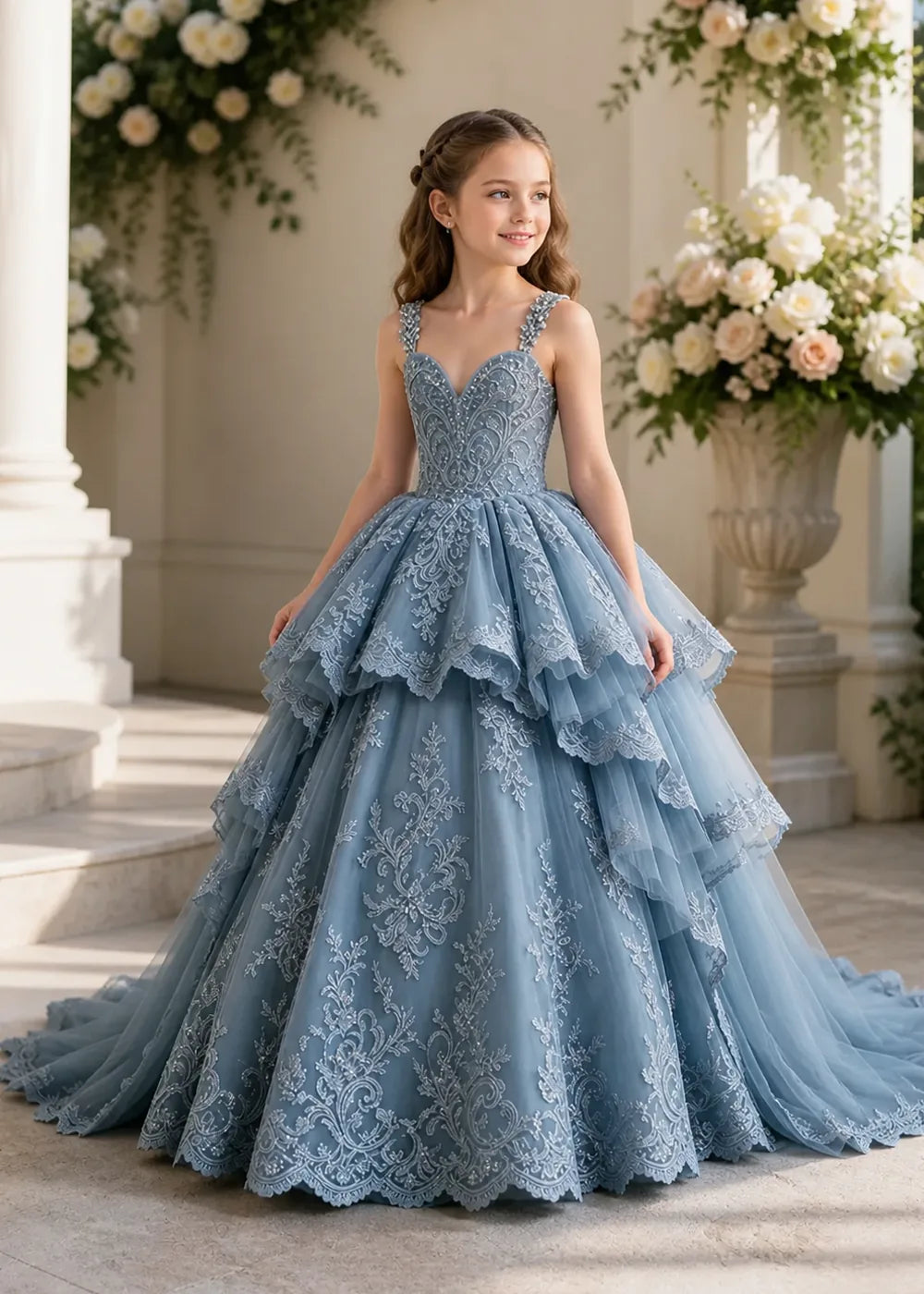 V-Neck Tiered Lace Flower Girl Ball Gown Dress