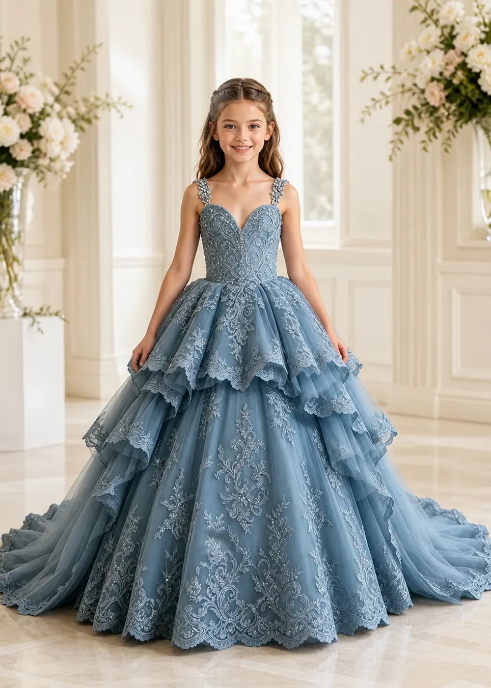 V-Neck Tiered Lace Flower Girl Ball Gown Dress