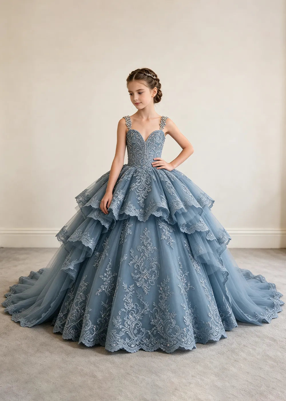 V-Neck Tiered Lace Flower Girl Ball Gown Dress